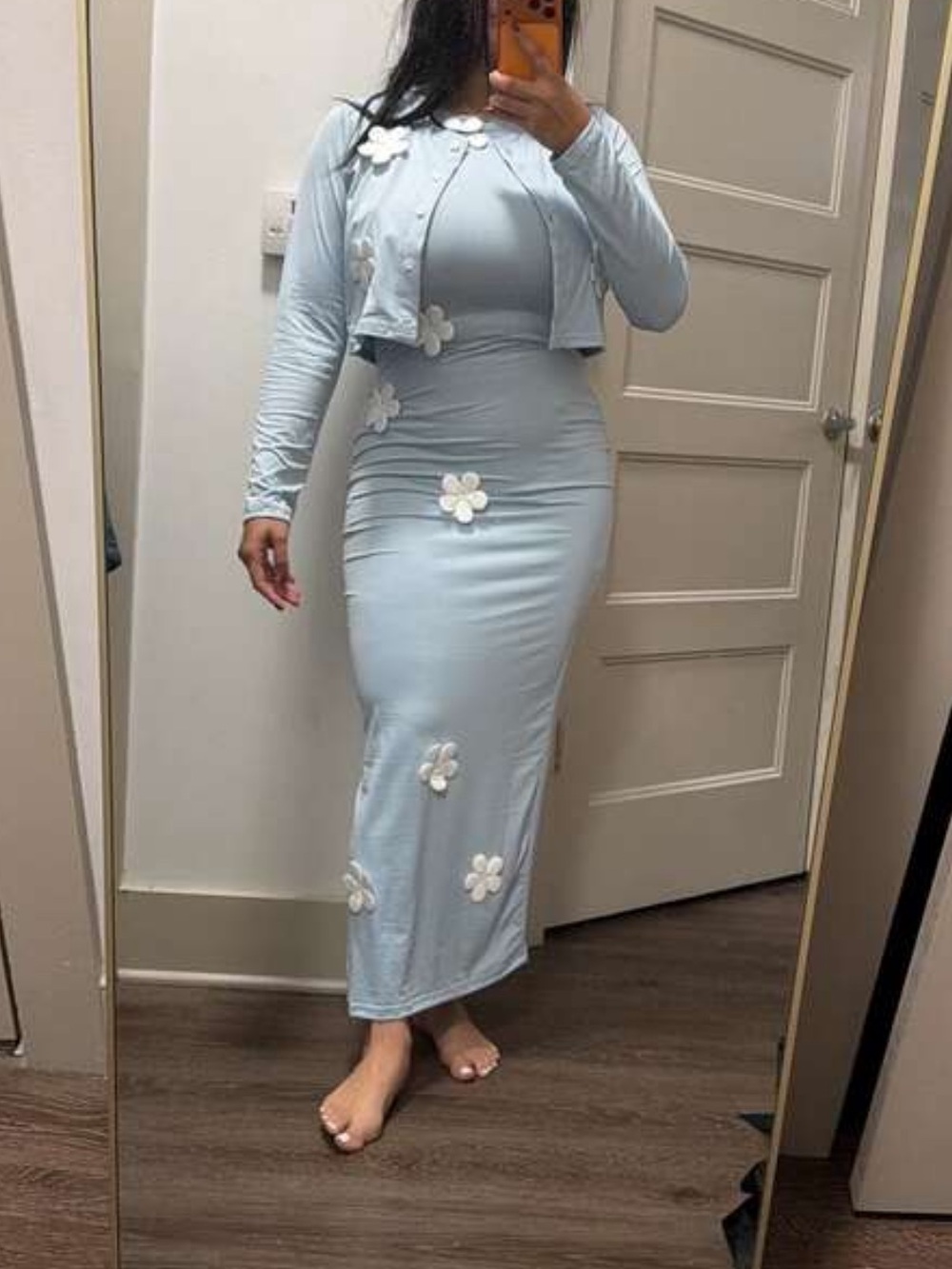 NEW - Elegant Light Blue Jacket & Dress 2 Pieces Set, Floral 3D Decor - Picture 9 of 9
